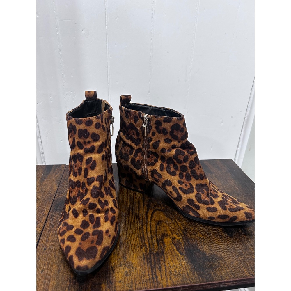 Target Leopard Print Pointed Toe Block Heel Ankle Boots Brown Black Womens 8